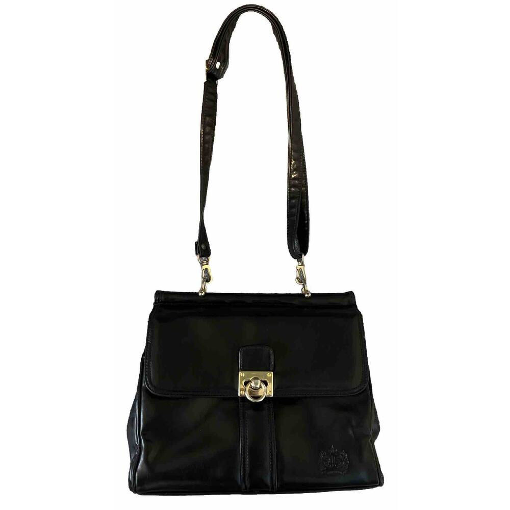 EUC HATO HASI Bag Black Leather 3 Main Compartment Bag Purse+ Shoulder Strap